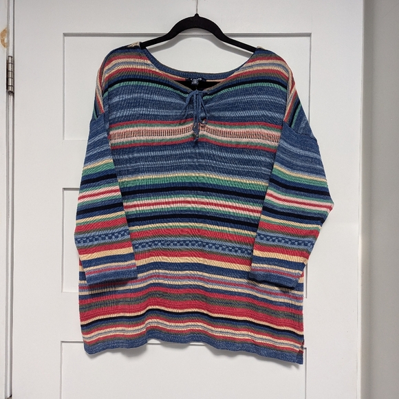Chaps Sweater Classic Comfort Striped Women's Knit, V Neck 1/4 Lace, Multicolor - Picture 10 of 10